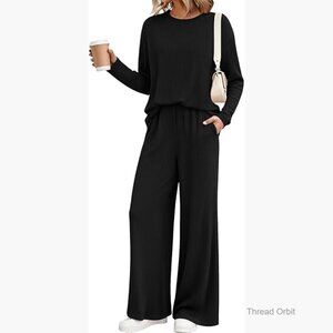 Long Sleeve Ribbed Knit Top Wide Leg Pants Lounge Set Women Loose Fit